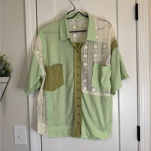 POL Mint/Olive/Cream Oversized Button Front Top